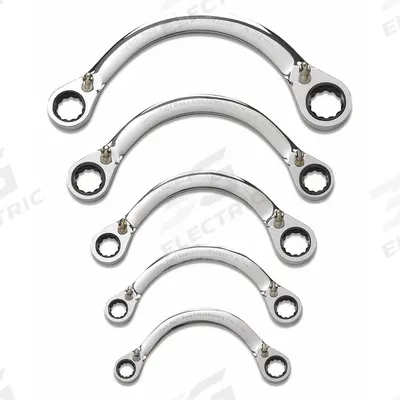 GEARWRENCH Box End Wrench Set: Alloy Steel, Chrome, 5 Tools, 10 mm to 22 mm Range of Head Sizes - Double End, 6-Point, S-Shaped Ratcheting Box End Wrench Sets