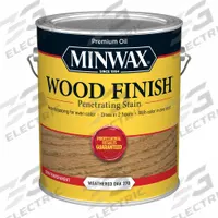 MINWAX Wood Stain: Wood Stain, Interior, Oil, 1 gal Container Size, Wood, Weathered Oak, Minwax (MPN 710970000). Key specifications — Brand: MINWAX; Transparency: Semi-Transparent; Use Location: Interior; Sub-Brand: Minwax; Color: Weathered Oak.