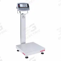 OHAUS Industrial Bench Scale: 18 in x 18 in, IP68/IP69K, Column-Mounted, Stainless Steel (MPN D61PW125WQL7). Key specifications — Connection Ports: Infrared Communication Kit; Readability: 0.01 lb/5 g; Brand: OHAUS; Weighing Surface Material: Stainless Steel.