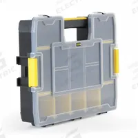 STANLEY Compartment Box: 14 3/4 in x 11 1/2 in x 2 3/4 in, Clear/Black/Yellow, 14 Compartments, Snap (MPN STST14022). Key specifications — ESD Conductive: Not Electrostatic Discharge Conductive; Color: Clear/Black/Yellow; Compartment WxD: 14-3/4 in x 11-1/2 in x 2-5/8 in; Brand: STANLEY; Material: Plastic.