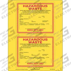 LABELMASTER California Waste Label: 6 in x 6 in, 6 in Label Wd, 6 in Label Ht, Label, 25 PK (MPN WMLZCA87). Key specifications — Message: State and Federal Law Prohibit Improper Disposal - Handle with care!; Material: Adhesive Back; Brand: LABELMASTER.