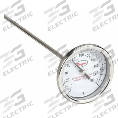 Dwyer Long Reach Dial Thermometer: 0°F to 200°F, +/- 1% Accuracy, 3 in Dial Dia - Fixed-Angle Long-Reach Thread-Mount Dial Thermometers