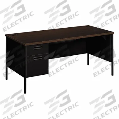 HON Single Pedestal Desk: Laminate, Black Matrix/Mocha, 1 Pedestals, 3 Drawers - Pedestal Desks