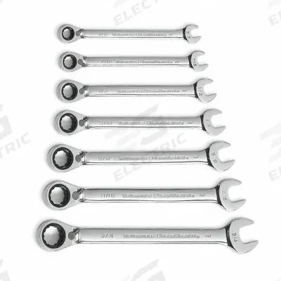 GEARWRENCH Combination Wrench Set: Alloy Steel, Chrome, 7 Tools, Offset, Reversing - SAE 12-Point Ratcheting Combination Wrench Sets