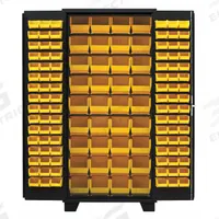 JAMCO Bin Cabinet: 36 in x 24 in 78 in, 0 Shelves, 132 Bins, Yellow, Flush, 14 ga Panel, Black, Bins (MPN DZ236BL). Key specifications — Bin Color: Yellow; Bin HxWxD: (36) 7 in x 8-1/4 in x 11 in; Assembled: Assembled; Cabinet Style: Shelf and Bin; Brand: JAMCO; Cabinet Color: Black; Cabinet Finish: Powder Coated; Cabinet Material: Steel.