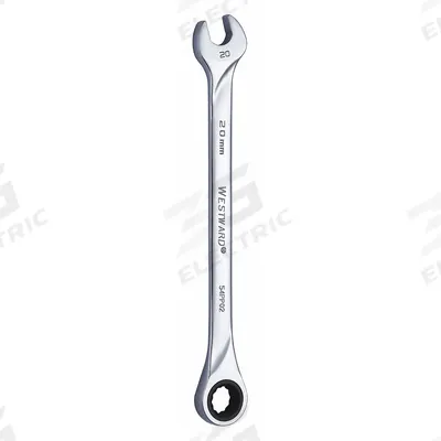 WESTWARD Combination Wrench: Alloy Steel, Chrome, 20 mm Head Size, 12 1/2 in Overall Lg - Metric 12-Point Ratcheting Combination Wrenches