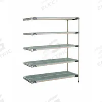 METRO Plastic Industrial Shelving: 24 in x 60 in, 74 in Overall Ht, 5 Shelves, Antimicrobial (MPN 5AX567GX3). Key specifications — Resistance Properties: Antimicrobial; Frame Material: 304 Stainless Steel; Shelving Material: 304 Stainless Steel; Brand: METRO.