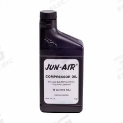JUN-AIR Compressor Oil: 16 fl oz, Bottle, 5W SAE Grade, 20 ISO Viscosity Grade, 482°F Flash Point (MPN 5631000). Key specifications — attr59746: 20; attr59736: No; attr59735: Bottle; attr59738: SJ-27F; attr59749: 5W.