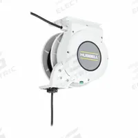 HUBBELL WIRING DEVICE-KELLEMS Extension Cord Reel: Ratchet Lock, 45 ft Cord Lg, 10 AWG, SJO, White (MPN HBLM45104). Key specifications — Retractable Cord Ending NEMA Configuration: Bare Wire; Brand: HUBBELL WIRING DEVICE-KELLEMS.