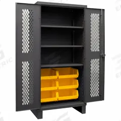 DURHAM MFG Bin Cabinet: 48 in x 24 in 78 in, 3 Shelves, 6 Bins, Yellow, Ventilated, 12 ga Panel (MPN HDCV36-6B-3S95). Key specifications — Bin Color: Yellow; Bin HxWxD: (6) 16 in x 15 in x 7 in; Assembled: Assembled; Cabinet Style: Shelf and Bin; Brand: DURHAM MFG; Cabinet Color: Gray; Cabinet Finish: Powder Coated; Cabinet Material: Steel.