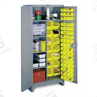 LYON Bin Cabinet: 36 in x 21 in 82 in, 4 Shelves, 64 Bins, Yellow, Flush, 14 ga Panel, Gray, Flush (MPN DD1122). Key specifications — Bin Color: Yellow; Bin HxWxD: (14) 7 in x 8-1/4 in x 14-3/4 in; Assembled: Assembled; Cabinet Style: Shelf and Bin; Brand: LYON; Cabinet Color: Gray; Cabinet Finish: Powder Coated; Cabinet Material: Steel.