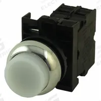 EATON Illuminated Push Button: Illuminated, Extended Profile, Metallic, 22 mm, 2NO (MPN M22M-DLH-W-K20-W). Key specifications — Brand: EATON; Action: Momentary; Series: M22; Push Button Material Type: Metallic.