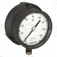 ASHCROFT Process Pressure Gauge: 0 psi to 160 psi, White, 4 1/2 in Dial, 1/2 in NPT Male, Bottom, 4X (MPN 451379SSL04L160#). Key specifications — Brand: ASHCROFT; Pointer Color: Black; Accuracy: ±0.5%; Dial Color: White; Gauge Wetted Parts: Stainless Steel; Case Material: Epoxy-Coated Aluminum; Vibration Resistance Properties: Liquid-Filled; Pressure Range: 0 psi to 160 psi.