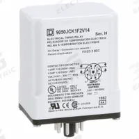 SCHNEIDER Time Delay Relay: Socket Mounted, 24V AC/DC, 10 A, 8 Pins/Terminals, 0.1 sec – 2 sec (MPN 9050JCK1F2V14). Key specifications — Contact Rating (AC): 10 A @ 120/240V; Brand: SCHNEIDER.