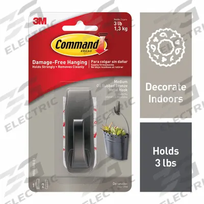 COMMAND Hook: 3 lb Wt Capacity, 1 Points per Hook, Bronze, 1 1/8 in Overall Ht - Indoor Decorative & Utility Adhesive-Backed Hooks