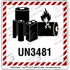 LABELMASTER DOT Container Label: Lithium Battery Handling Marking, 3 15/16 in x 3 15/16 in, 500 PK (MPN LB335-UN3481). Key specifications — Message: Lithium Battery Handling Marking; Background Color: White; Brand: LABELMASTER.