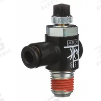 ARO Cylinder Port Flow Control Valve: Elbow Fitting, Knurled, 2/3 in Valve Body Size, 1/4 in Tube (MPN 119310-250). Key specifications — attr947203: Stainless Steel; attr947205: ARO.