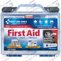 FIRST AID ONLY First Aid Kit and Housing: Gen Purpose, 50 People Served, 322 Components, Plastic (MPN 91414). Key specifications — Adhesive Bandages Included: (100) Bandages; Application: General Purpose; Brand: FIRST AID ONLY; Housing Color: Blue; Housing Material: Plastic; Includes Oral or Inhalant Medication: No Medication Included; Mountable: Portable; Oral and Inhalant Medicinals Included: No Oral/Inhalant Medicinals.
