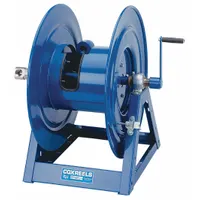 COXREELS Hand Crank Hose Reel: 200 ft (1 in I.D.), 24 in L x 36 5/8 in W x 26 1/8 in H, TFE/P, Blue (MPN 1175-6-200). Key specifications — Hose Capacity: 200 ft (1 in I.D.); Overall Dimensions: 24 in L x 36-5/8 in W x 26-1/8 in H; Seal Material: TFE/P; Reel Color: Blue; Swivel Material: Nickel Plated Steel; Brand: COXREELS.