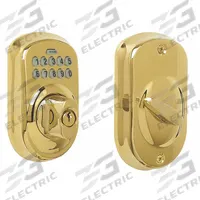 SCHLAGE Electronic Keyless Lock: 1 3/4 in Door Thick - Max, Push Button, Brass (MPN BE365 PLY 505). Key specifications — Power Source: 9V Battery.