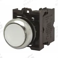 EATON Illuminated Push Button: Illuminated, Flush Profile, Non-Metallic, 22 mm, 1NO/1NC (MPN M22-DL-W-K11-W). Key specifications — Brand: EATON; Action: Momentary; Series: M22; Push Button Material Type: Non-Metallic.