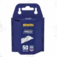 IRWIN Utility Blade: 2 3/8 in Blade Lg, 3/4 in Blade Wd, 0.025 in Blade Thick, Bi-Metal, 50 PK (MPN 2084300). Key specifications — attr307708: 3KJA4; attr307711: Bi-Metal; attr307707: Yes; attr324888: IRWIN.