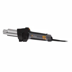 This inline heat gun operates on 220-240V AC with a current draw of 14.58 A and features a two-prong plug. It is designed for continuous industrial heating tasks such as shrink-wrapping, plastic bending, and drying processes where surface temperature control is required.