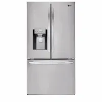 French door refrigerator with 27.7 cu ft total capacity and over 16.9 cu ft storage. Features 4 shelves, automatic defrost, and an ice maker. Suitable for residential and commercial kitchen use