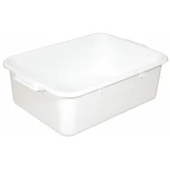 White plastic bus tub from CRESTWARE, NSF Certified for sanitation. Measures 7 inches high, 15 1/2 inches wide, and 22 1/2 inches long. Designed for collecting, transporting, and storing dishes, glassware, and utensils in food service settings. Compatible with lid model BTLIDWH.