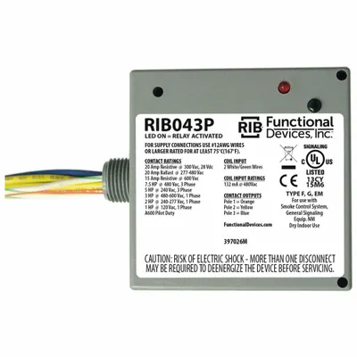 RIB RIB043P General Purpose Power Relay, 20 A, 480V AC, 3PST-NO, 0.50 in NPT - General Purpose Power Relays