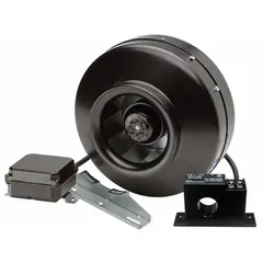This 4-inch inline duct fan is designed for boosting airflow in dryer vent systems. It features a 115V AC, 84 W, single-phase standard-efficiency motor with one speed and is speed controllable. The galvanized steel construction and IP44 rating provide durability and protection. Includes a mounting bracket for installation.