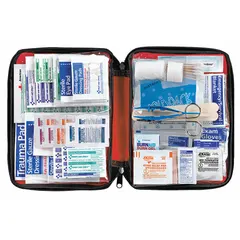 This portable first aid kit is housed in a red PVC case and serves up to 25 people. It contains 299 components including (4) knuckle bandages, eye pad wound dressings, (14) alcohol wipes, and (6) aspirins. Suitable for general purpose use in workplaces, schools, and facilities, it meets OSHA compliance standards.