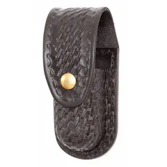 Basket Weave Leather pouch for carrying pepper spray. Features a snap closure. Available in Black.