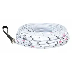 Fiberglass measuring rope with SAE/Engineers scale graduated in 1/10 ft increments. 200 ft length with loop end tip. Used for land surveying, construction layout, and distance measurement tasks.