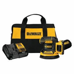 The DEWALT DCW210D1 is a 20V MAX cordless random orbital sander kit that includes a 2.0 Ah battery and charger. It features a 5-inch diameter hook-and-loop pad for secure disc attachment. This sander is used for sanding wood, metal, and painted surfaces, suitable for finish sanding, paint removal, and surface preparation.