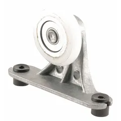 This hanging door roller measures 3 13/16 inches in width and supports doors weighing up to 60 lb. It is designed for use in sliding door applications, providing a rolling mechanism for smooth door movement. Suitable for residential or light commercial sliding doors.