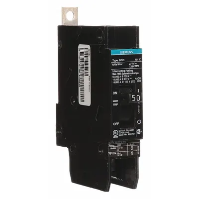 SIEMENS BQD150 Miniature Circuit Breaker, 50A, 277V AC, 1-Pole, Std Type - BQD Series, Bolt-On Siemens Miniature Circuit Breakers
