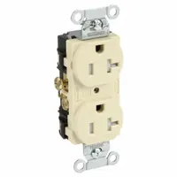 Duplex general-purpose receptacle rated 125V AC and 20A with NEMA 5-20 configuration. Ivory finish, 2-pole/3-wire grounding. Suitable for powering equipment and tools in commercial and industrial environments