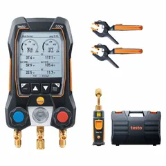 This digital wireless manifold gauge set is designed for use with R-744 refrigerant. It features 2 valves and 3 hoses, and includes a carrying case, gauge boots, and a sight glass. Compatible with measureQuick and testo Smart systems for data logging and diagnostics.