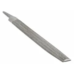 Double-cut half-round file with bastard cut for aggressive material removal. Safe edge allows filing into corners without damaging adjacent surfaces. Tapers toward the point for access in confined areas. Natural finish. Width 1 1/8 in, length without tang 12 in.