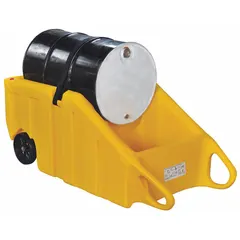This EAGLE drum dispensing truck is constructed of polyethylene and includes drum straps for secure handling. It has a load capacity of 600 lb and a spill capacity of 70 gal. Designed for transporting and dispensing drums in industrial settings where spill containment is required.