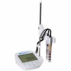 This benchtop multiparameter meter kit is configured for conductivity testing and includes salinity as a test parameter. It comes with a pH electrode, probe, calibration solutions, and a power supply. Suitable for measuring conductivity, pH, temperature, and salinity in water or liquid samples in laboratory or field settings.