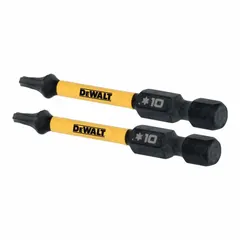 This impact-rated Torx bit is designed for high-torque fastening with impact drivers. It features a T10 bit size, hex shank for secure chuck retention, and is made from S2 steel. Suitable for driving screws in demanding applications such as framing, decking, and metal building.