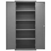 Welded steel frame cabinet with powder-coated gray finish. Four adjustable shelves for flexible storage of tools, parts, and equipment. Swing handle with keyed lock secures contents. Stationary design, fully assembled. Panel thickness 16 ga