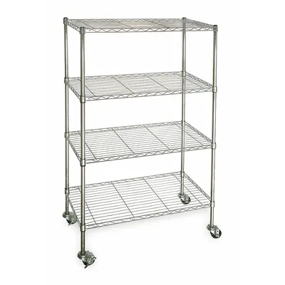 OEM Mobile Wire Shelving Unit, 60 in x 24 in x 68 in, 4 Shelves, Silver - Mobile Wire Shelving for Dry Use