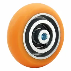 This wheel features a 4-inch diameter and 1 1/4-inch width with an orange Ergo-Tech™ polyurethane tread on a steel core. Rated for 400 lb, it is suited for light-duty material handling equipment such as carts and dollies, providing smooth rolling on hard floors while reducing noise and floor marking.