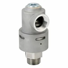 This single-passage rotating joint transfers media such as water, air, or hydraulic fluid between stationary supply lines and rotating machinery. The plain aluminum body and carbon graphite seal suit continuous-flow applications like rotating drums, printing presses, and machine tool spindles. It features a 1-1/2" threaded rotating shaft and a maximum speed of 3500 rpm.