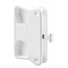 White unfinished sliding handle and latch kit for screen doors. Overall height 3 5/8 in, overall length 3/4 in. Used to secure and operate sliding screen doors in residential or light-commercial applications.