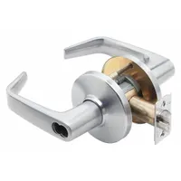 This electric lever lockset features a Contour Angle Return style in a satin chromium-plated zinc alloy finish. It is ADA compliant and includes Large Format Interchangeable Core (LFIC) capability. The ANSI F86 function allows keyed entry from outside and free egress from inside, suitable for interior doors in commercial facilities where core rekeying is required