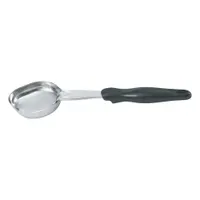This serving spoon is constructed of stainless steel with a black finish. It has a 4 oz capacity and is NSF Certified. Suitable for portioning and serving liquids or semi-solids in commercial foodservice settings